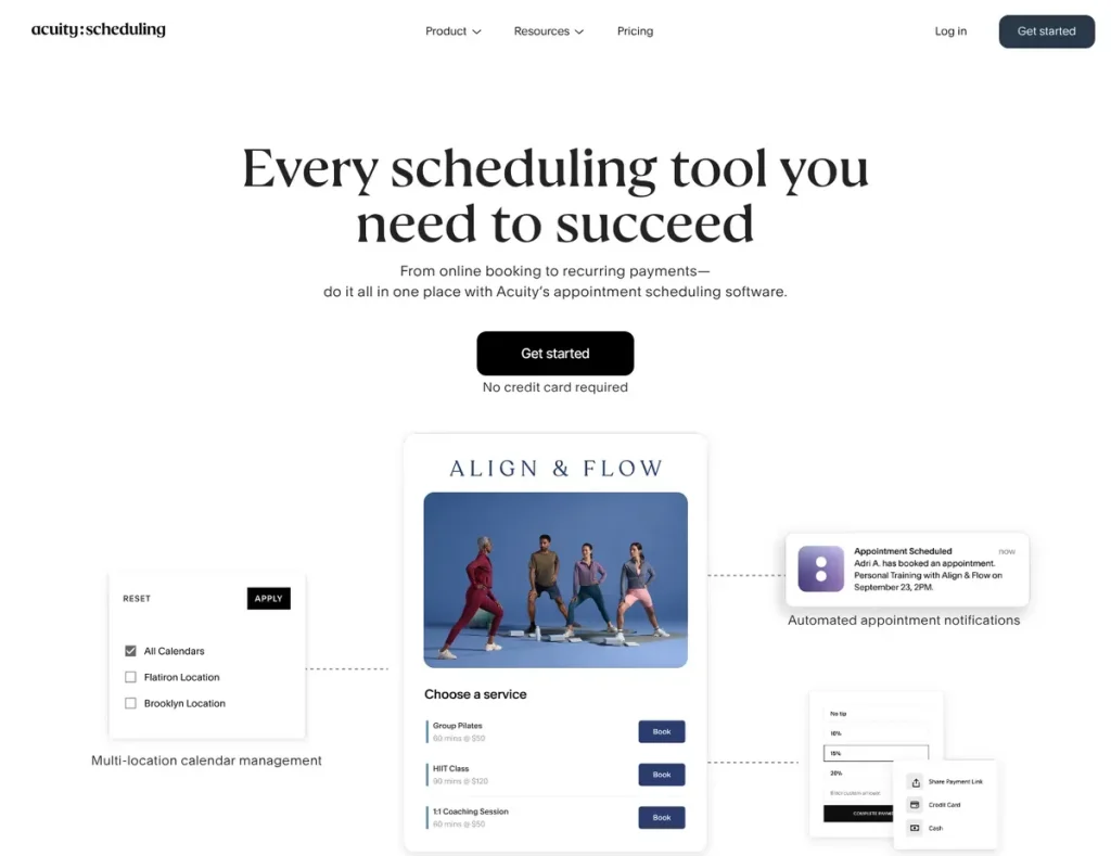 Acuity Scheduling Client booking page with service selection dropdown