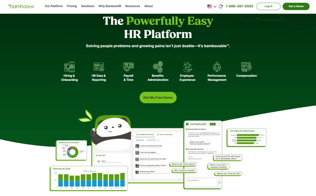 BambooHR homepage showing HR platform modules and dashboard preview