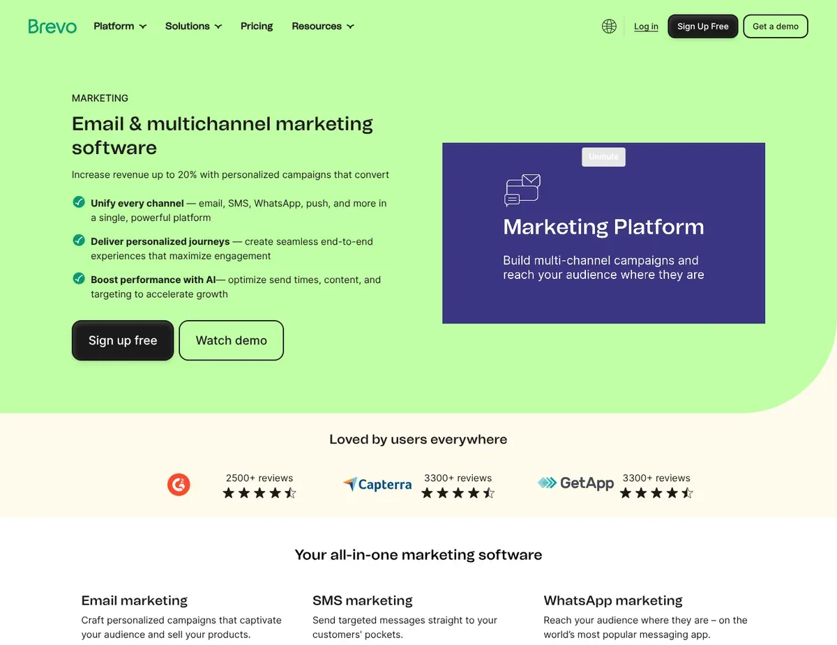 Brevo Brevo’s public UI imagery emphasizes campaign dashboards
