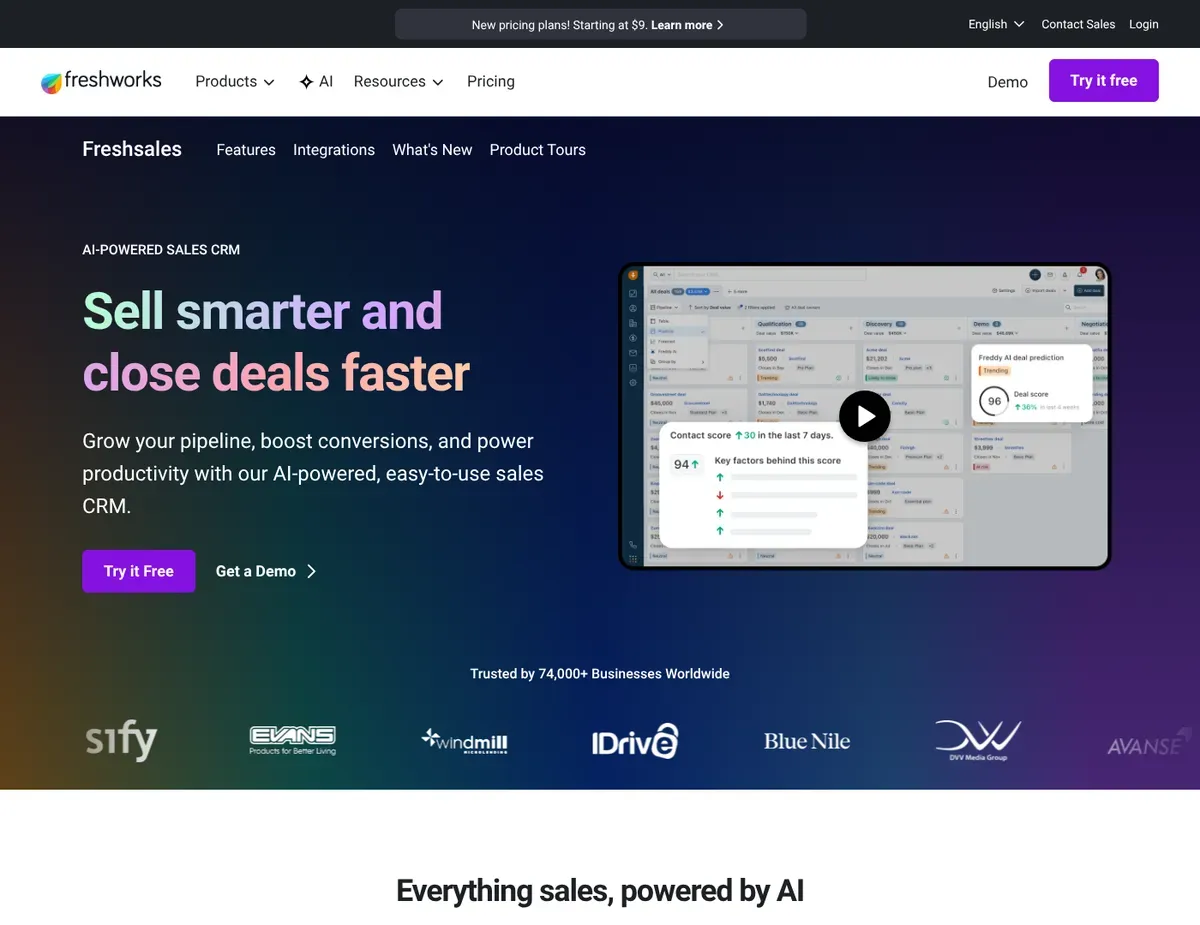 Freshsales Unified sales workspace showing contact and account records, deal stages, built-