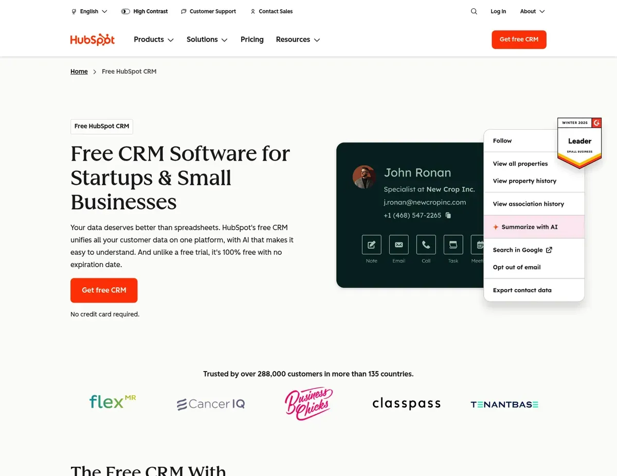 HubSpot CRM Contact record view showing unified customer timeline with email history