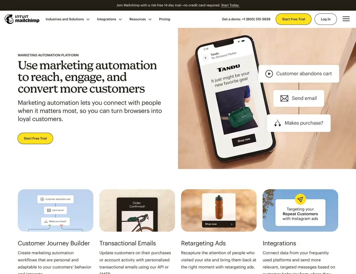 Mailchimp Automation builder screens with branching customer journeys