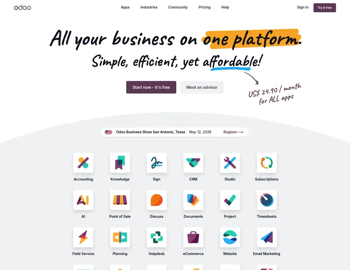 Odoo Odoo's app launcher displays a grid of installed modules