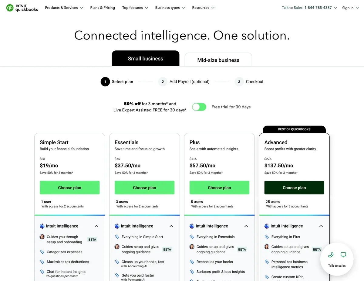 QuickBooks Online Pricing comparison grid showing plan tiers (Simple Start