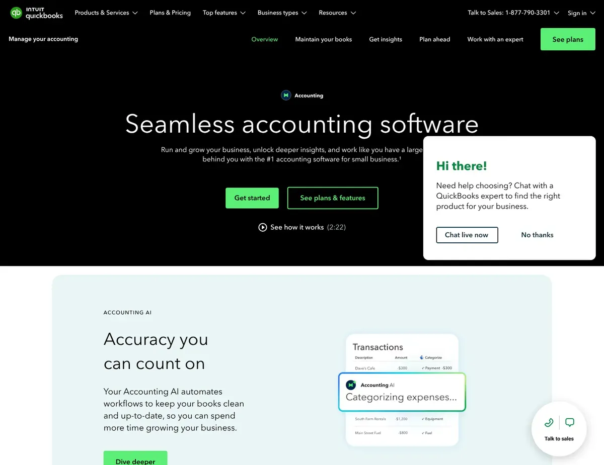 QuickBooks The UI prominently shows a small-business accounting dashboard with income