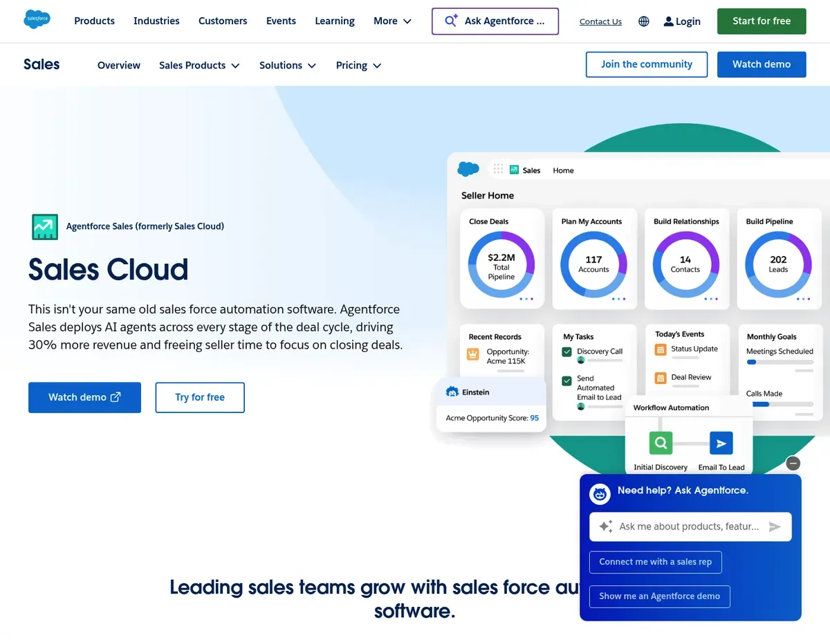 Salesforce CRM Sales Cloud dashboard showing pipeline opportunities by stage with color-coded