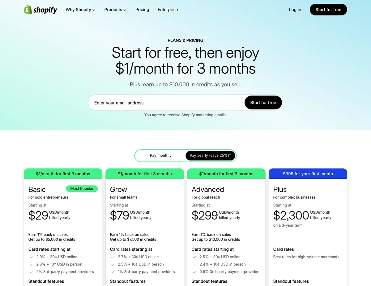 Shopify Tiered subscription plans highlighting add-on services and payment processing