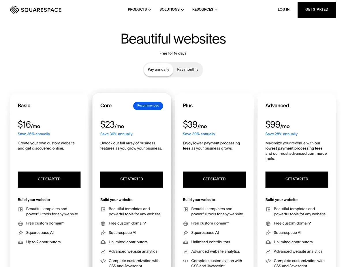 Squarespace Commerce Premium aesthetic templates with integrated commerce and business plan tiers