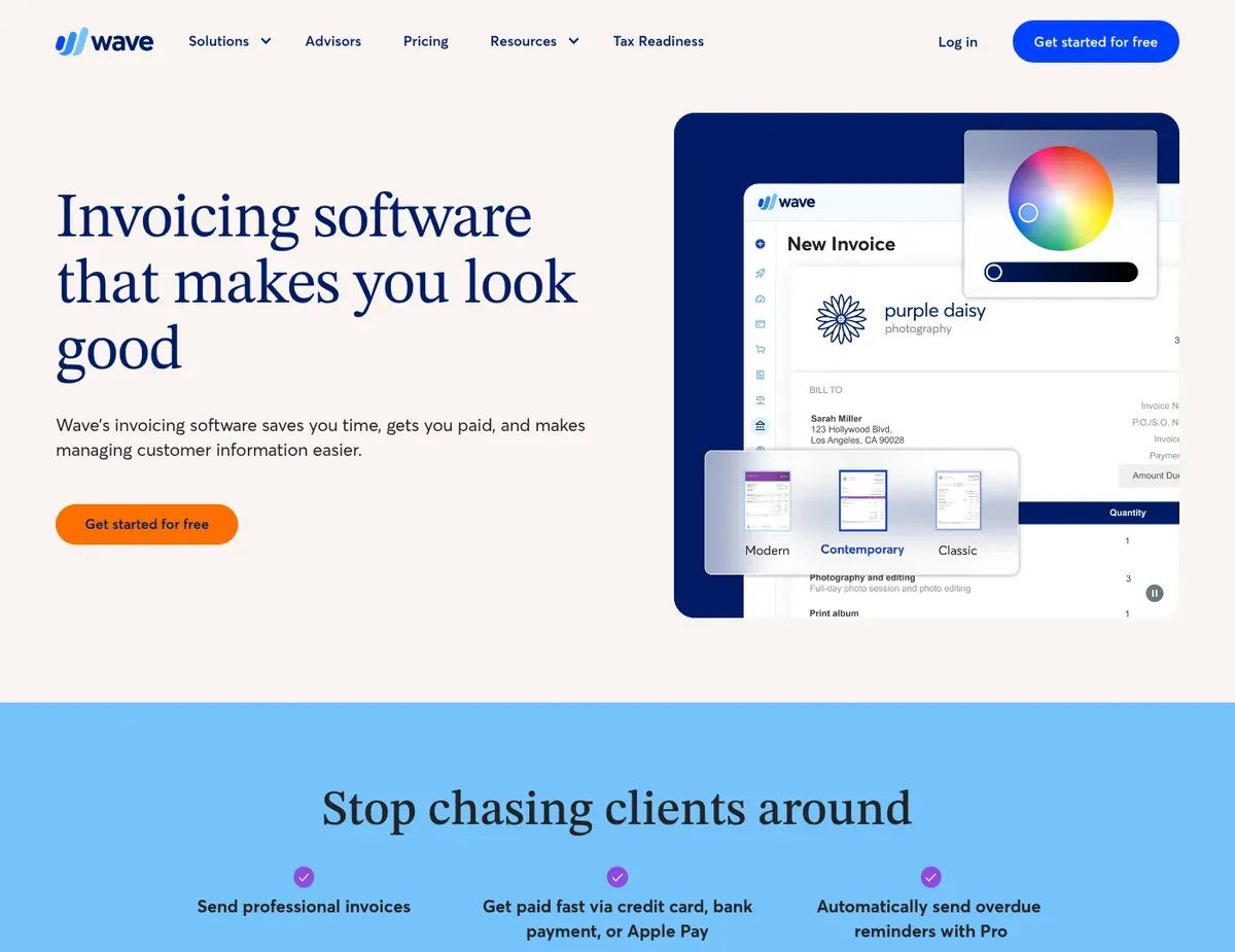 Wave Invoicing interface showing create-and-send workflow with customizable templates