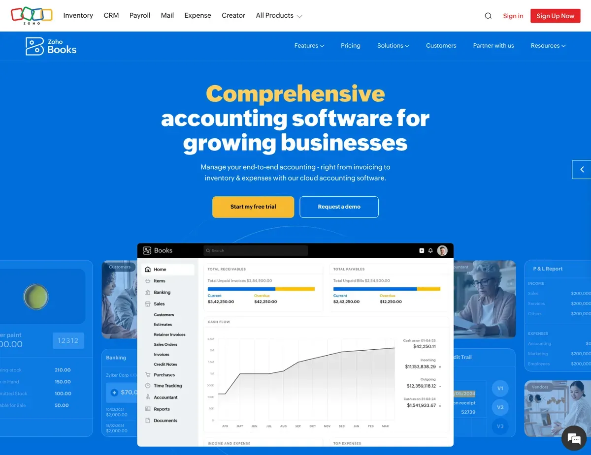 Zoho Books Zoho Books public pages usually show a modular accounting workspace with