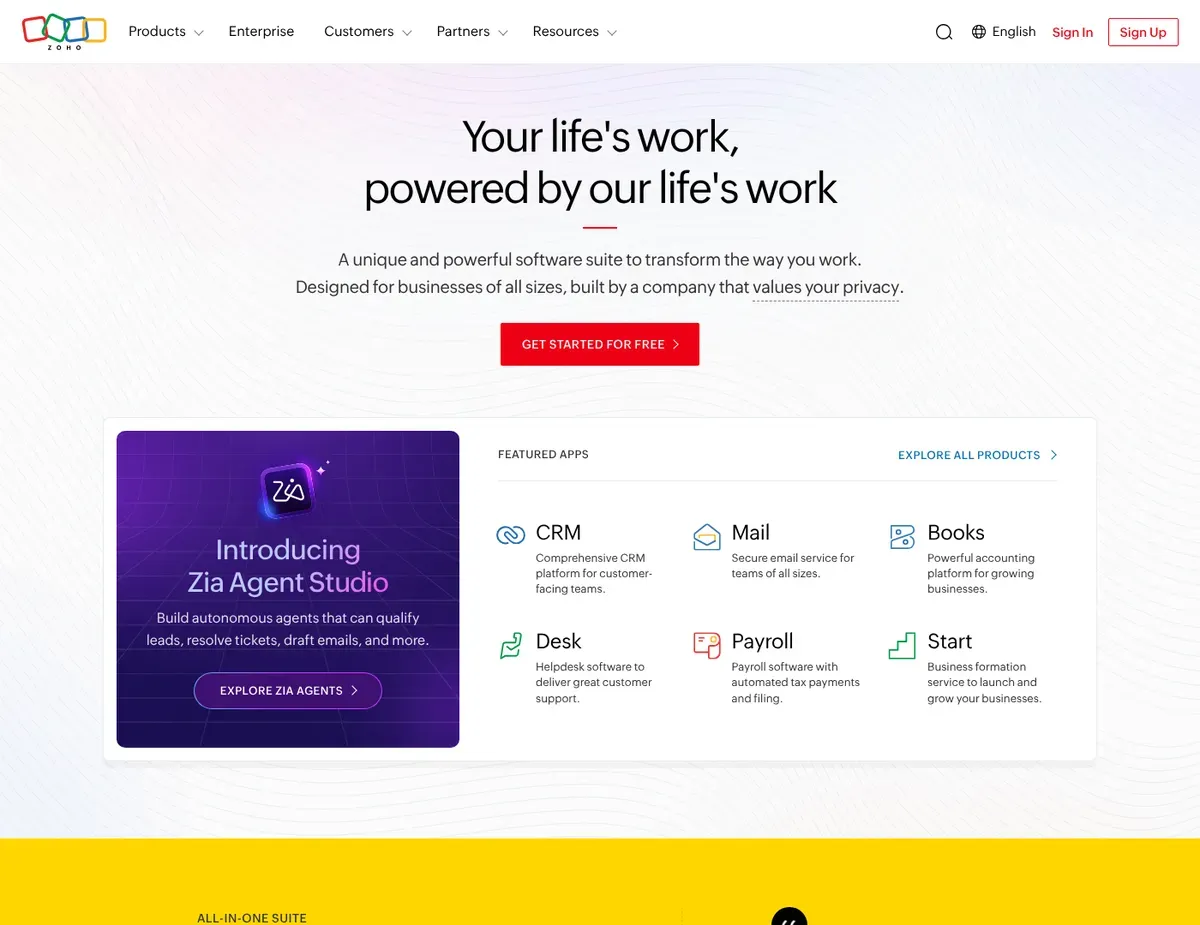 Zoho Books Multi-module dashboard featuring KPI widgets for receivables and payables