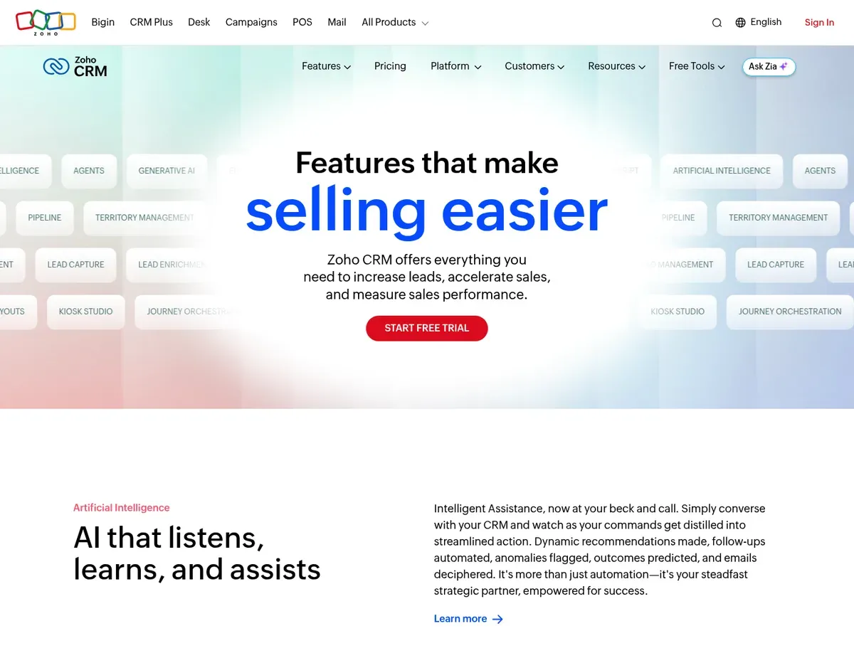 Zoho CRM Pipeline management view with color-coded deal stages and built-in Zia AI