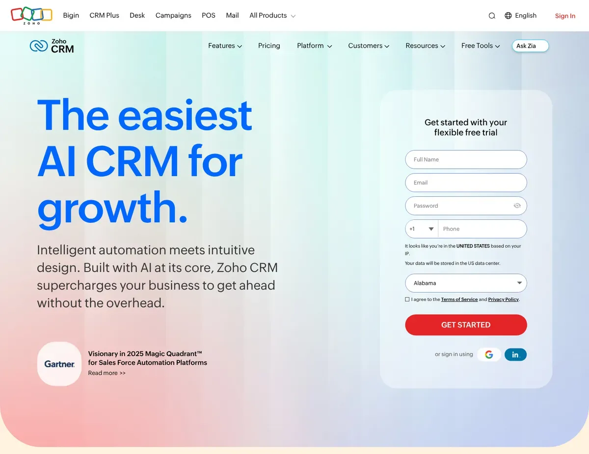 Zoho CRM Lead and deal record views with dense module navigation, tabbed work areas, and