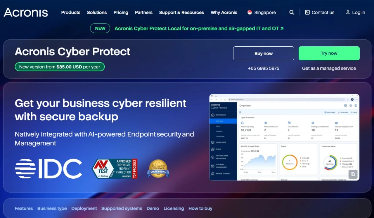 Acronis Cyber Protect Unified protection dashboard displaying backup status