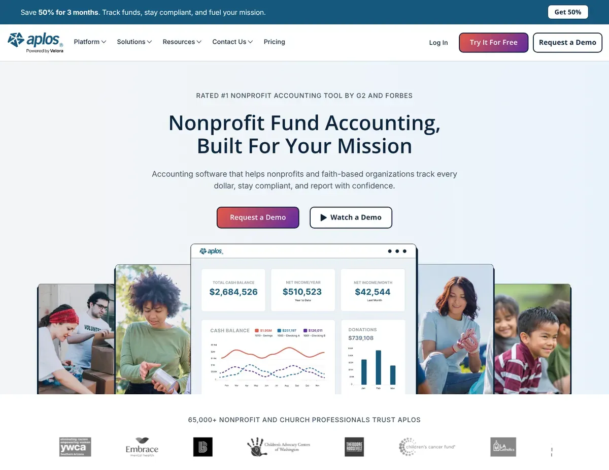 Aplos Specialized fund accounting dashboard separating restricted and unrestricted