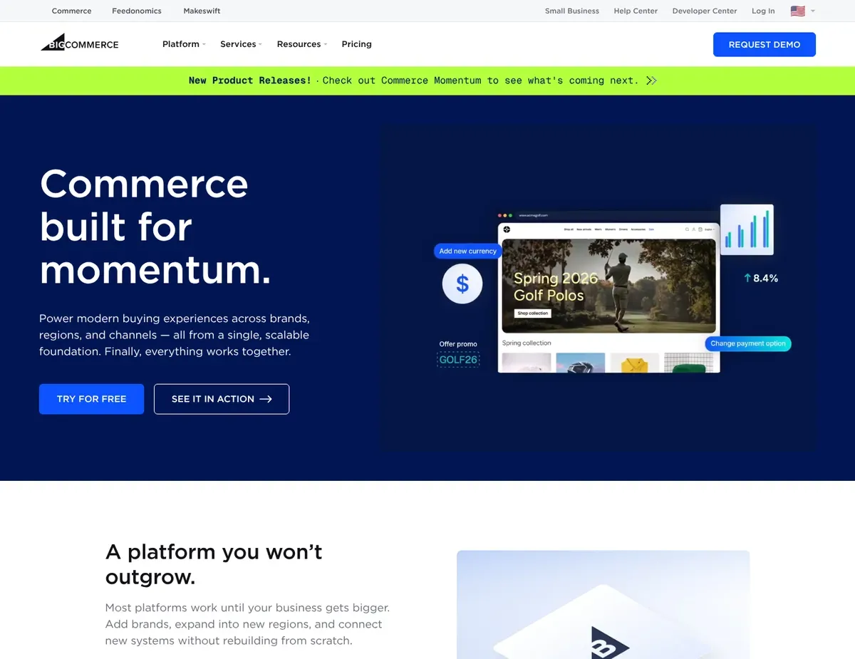 BigCommerce Store control panel dashboard with a top metrics bar showing revenue and