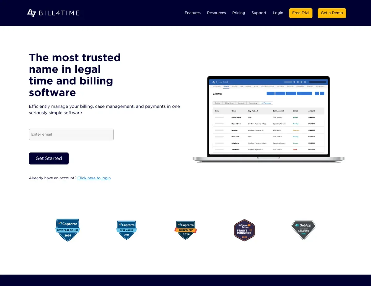 Bill4Time Invoice preview pane showing LEDES-formatted billing lines alongside a