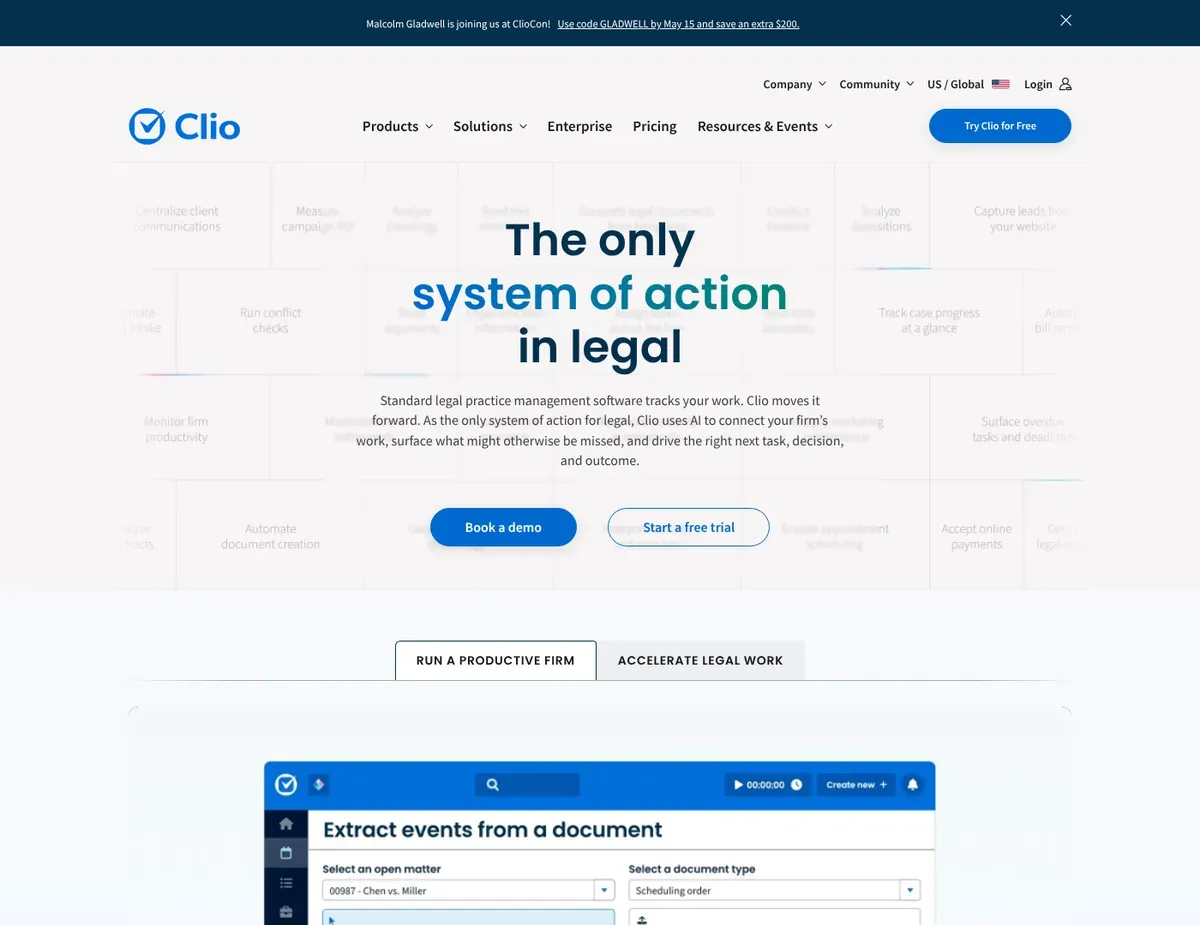 Clio Manage Dashboard displaying matter overview with financial metrics