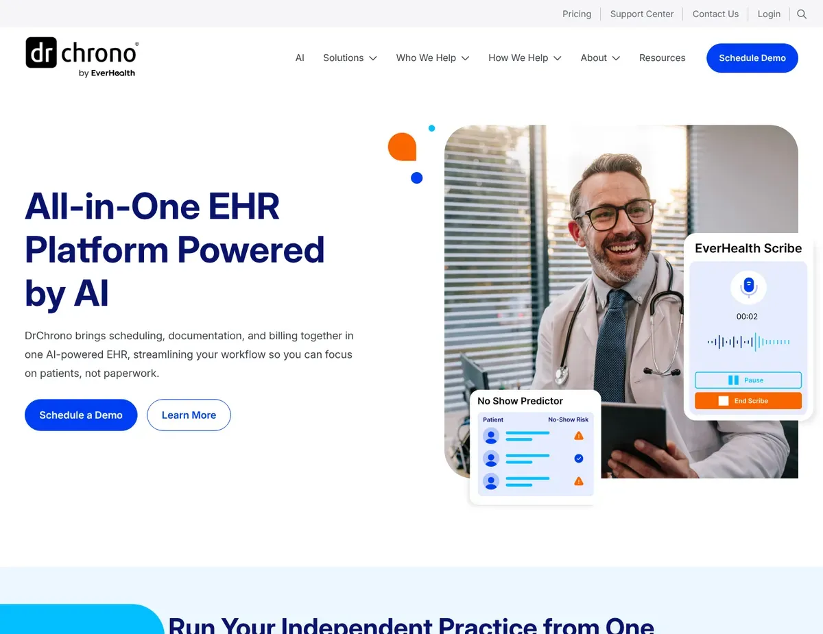 DrChrono iPad-native clinical interface showing patient chart alongside real-time