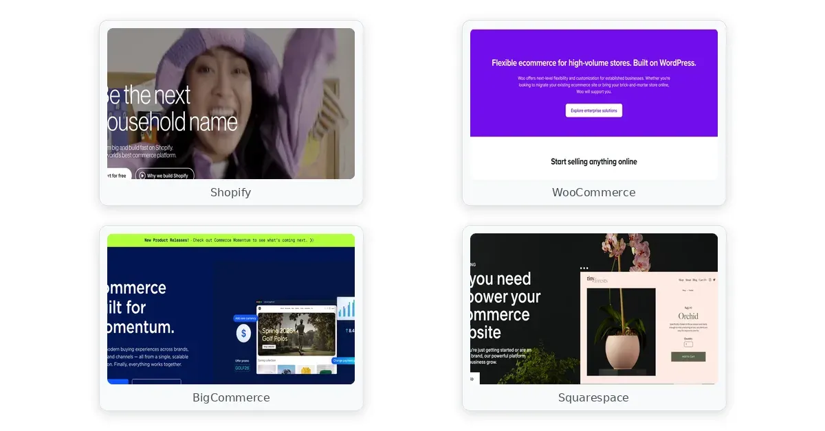 ecommerce site builder comparison — Shopify, WooCommerce, BigCommerce