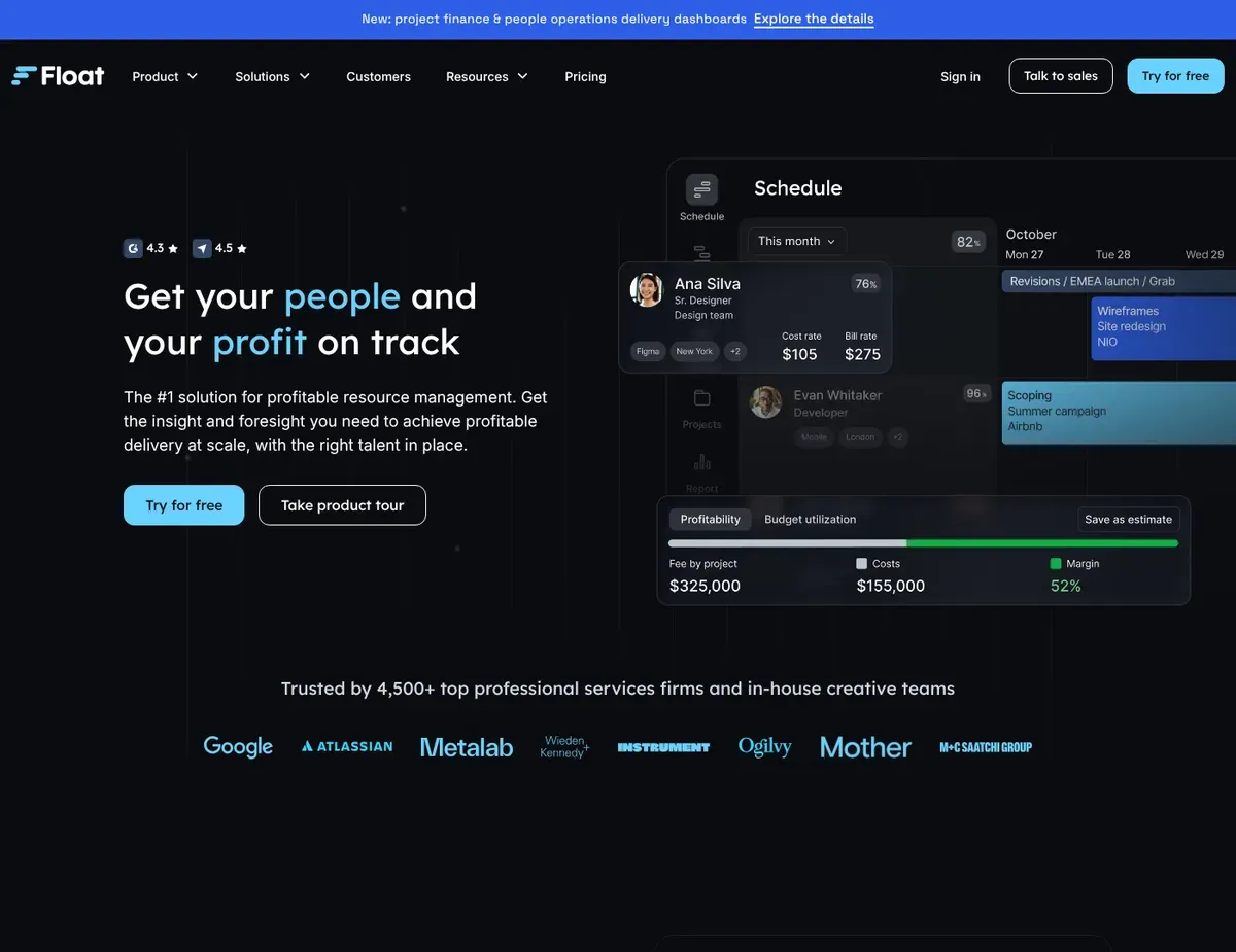 Float Multi-project timeline view showing team member availability as color-coded