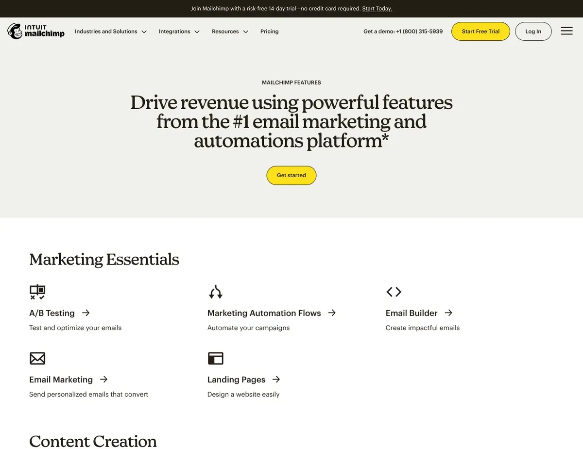 Mailchimp Drag-and-drop email builder with a content block sidebar showing layout