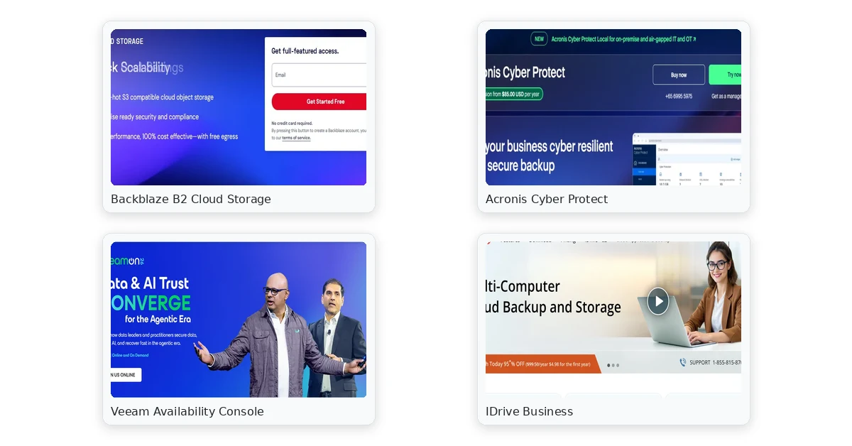 offsite backup solutions for small business comparison — Backblaze B2 Cloud Storage, Acronis Cyber Protect, Veeam Availability Console