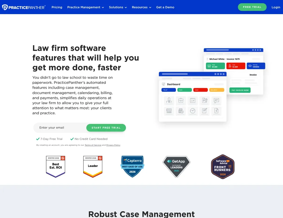 PracticePanther Contact and matter management interface with integrated billing timeline