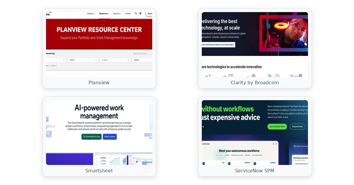 project portfolio management software comparison — Planview, Clarity by Broadcom, Smartsheet