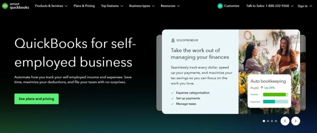 QuickBooks self-employed business product page screenshot