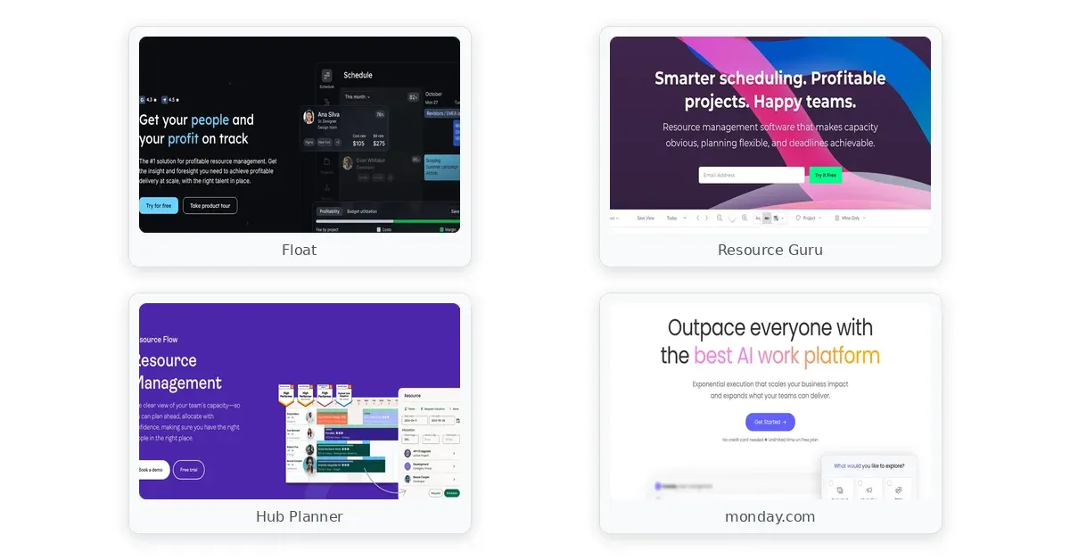resource management tools comparison — Float, Resource Guru, Hub Planner