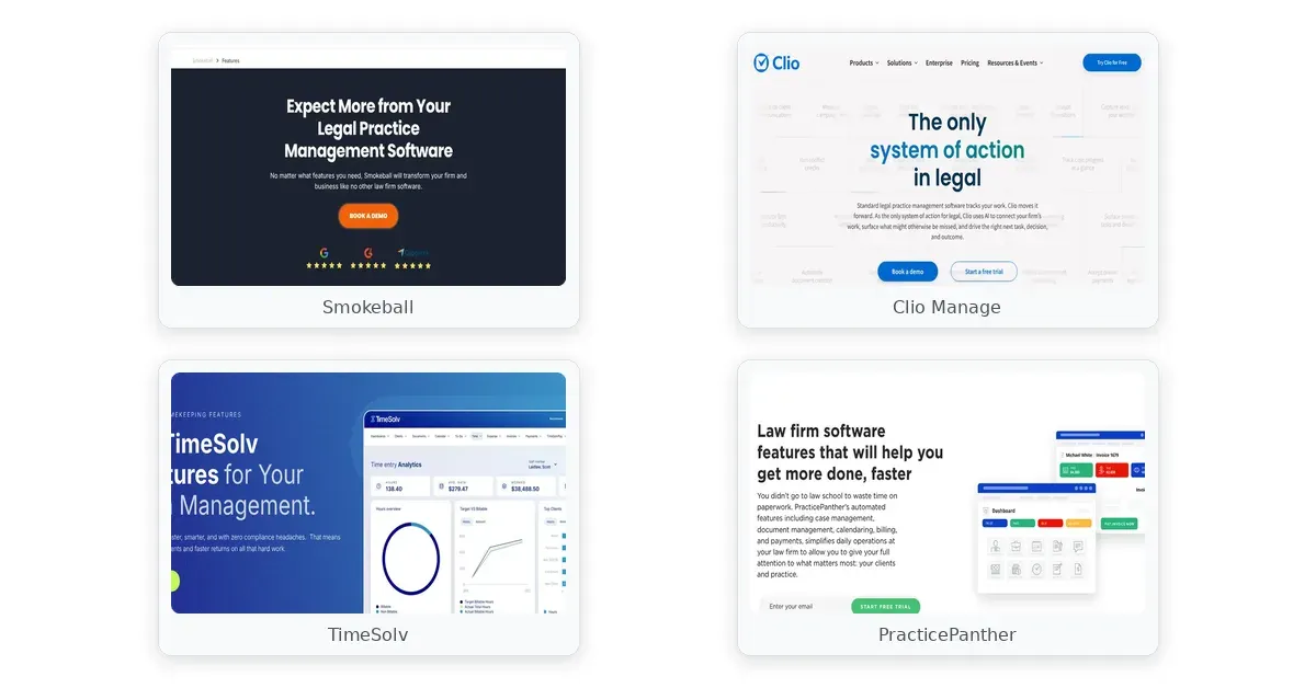 small law firm billing software comparison — Smokeball, Clio Manage, TimeSolv