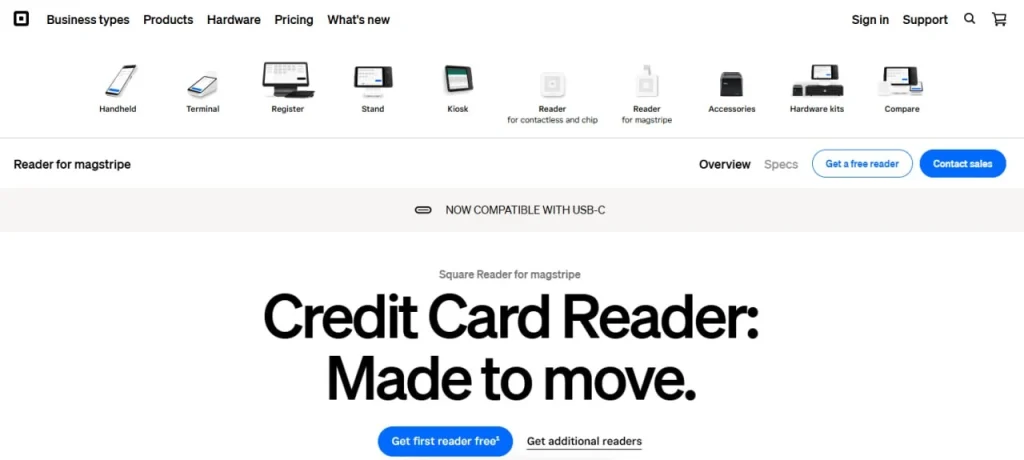 Square credit card reader product page screenshot