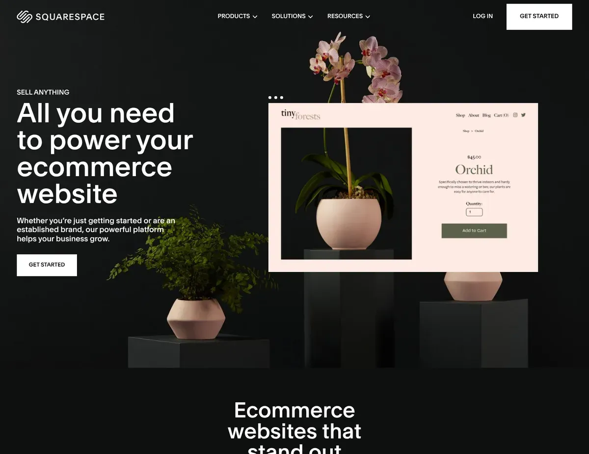 Squarespace Drag-and-drop page editor with a WYSIWYG layout grid showing an online store