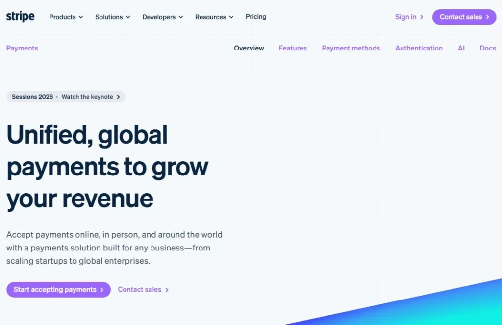 Stripe payments product page screenshot