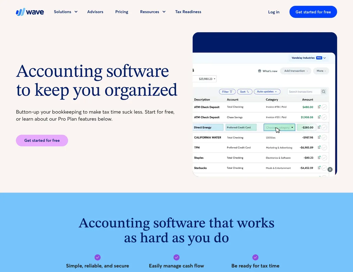 Wave Accounting Clean transaction dashboard with categorized expense list and sidebar account