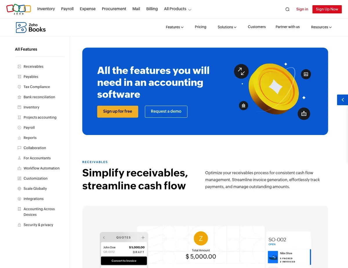Zoho Books Financial dashboard with colored pie charts for expense breakdown by category