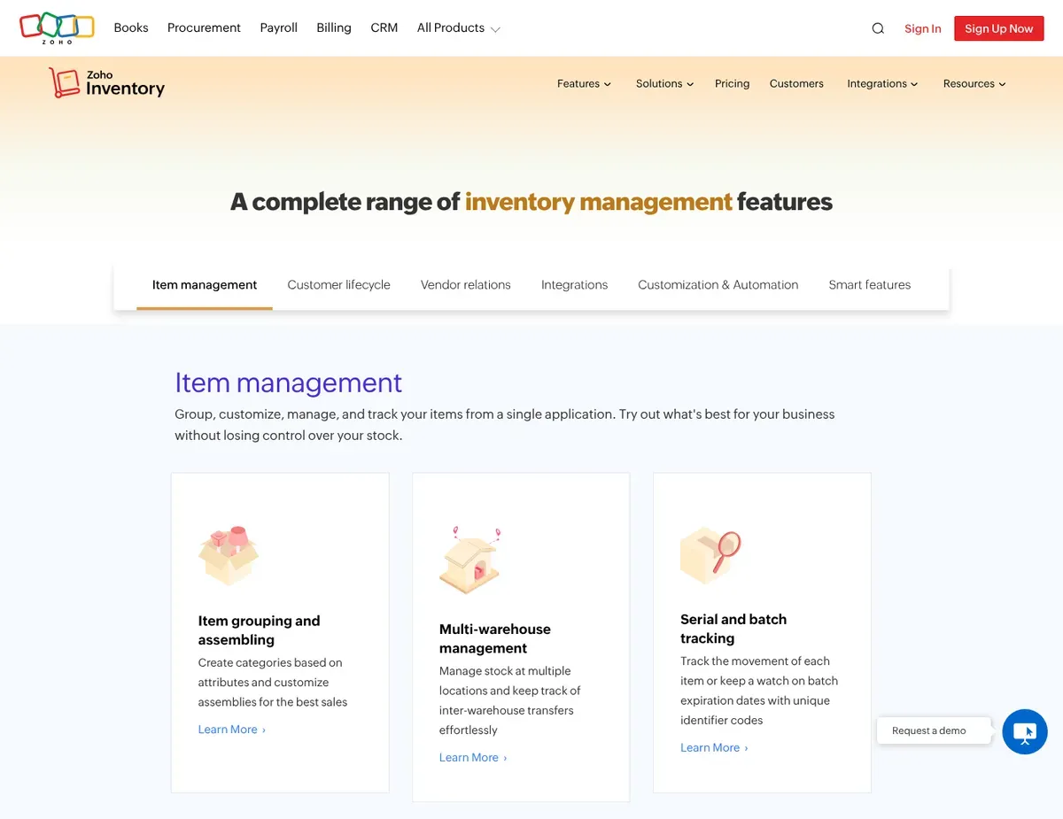 Zoho Inventory Multi-channel inventory dashboard showing stock quantities synced across Shopify
