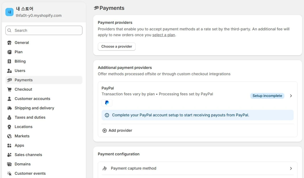 Shopify payments provider setup screen