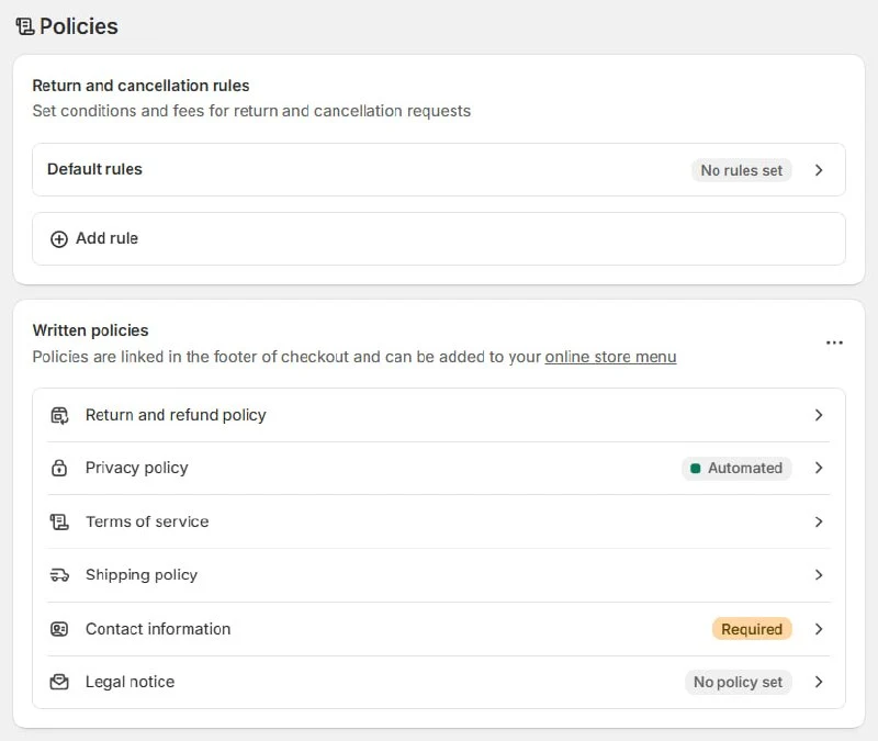 Shopify store policies and refund settings