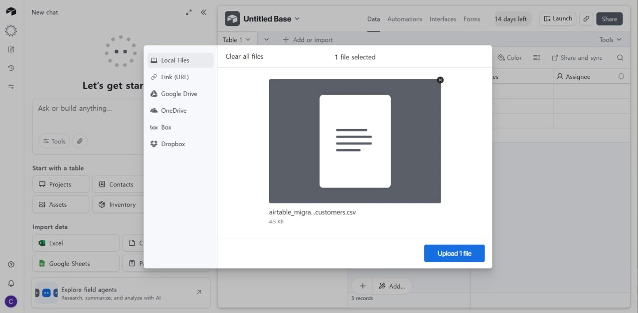 Airtable CSV upload dialog showing a selected customer CSV file ready to import into a new base.