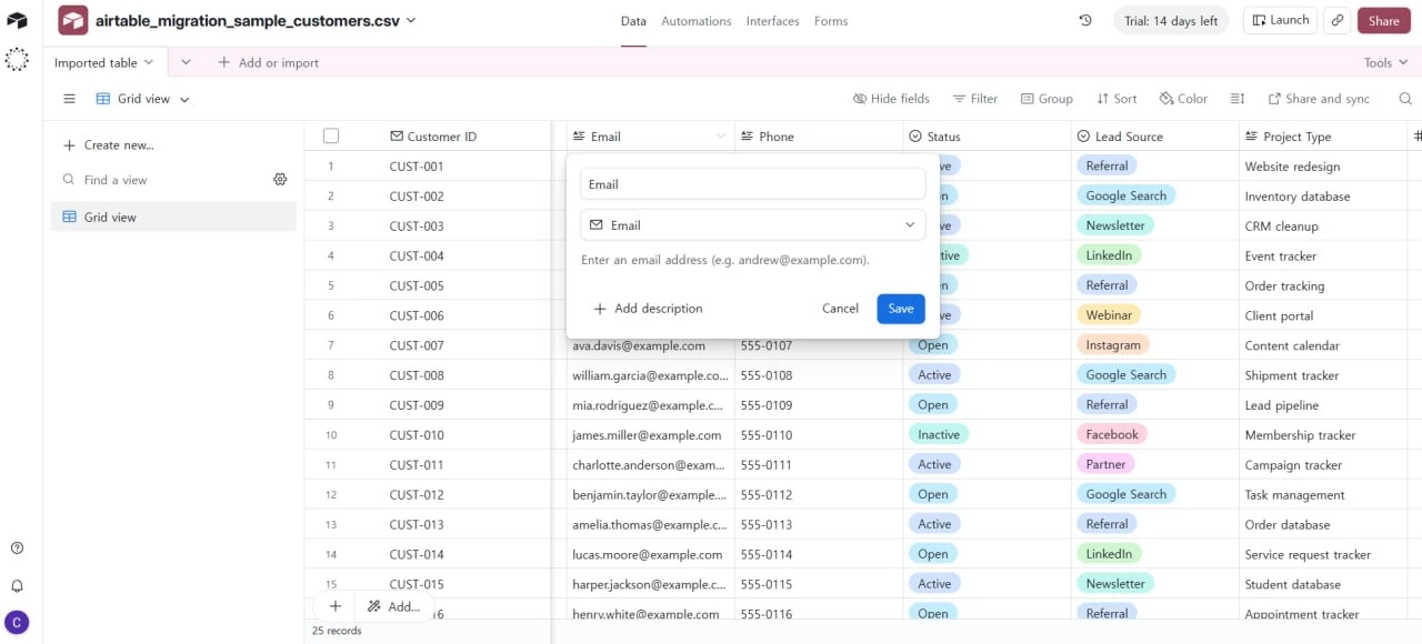 Airtable email field edit popup showing how a structured field is entered and validated inside the imported table.