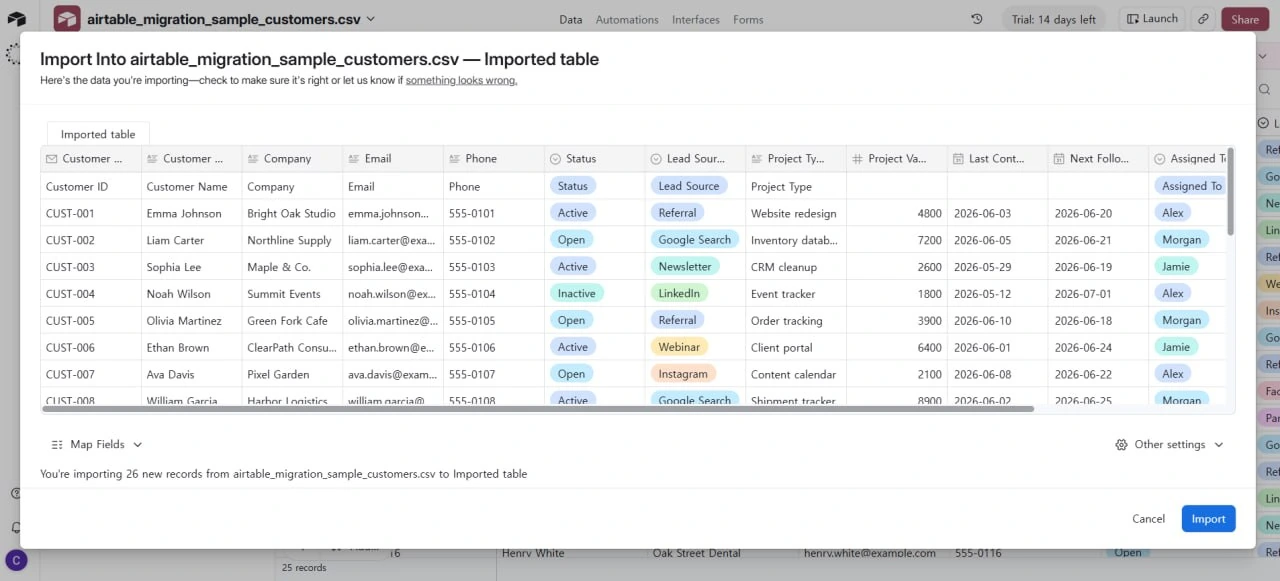 Airtable import preview showing CSV headers, sample rows, and the import confirmation screen before creating the base.