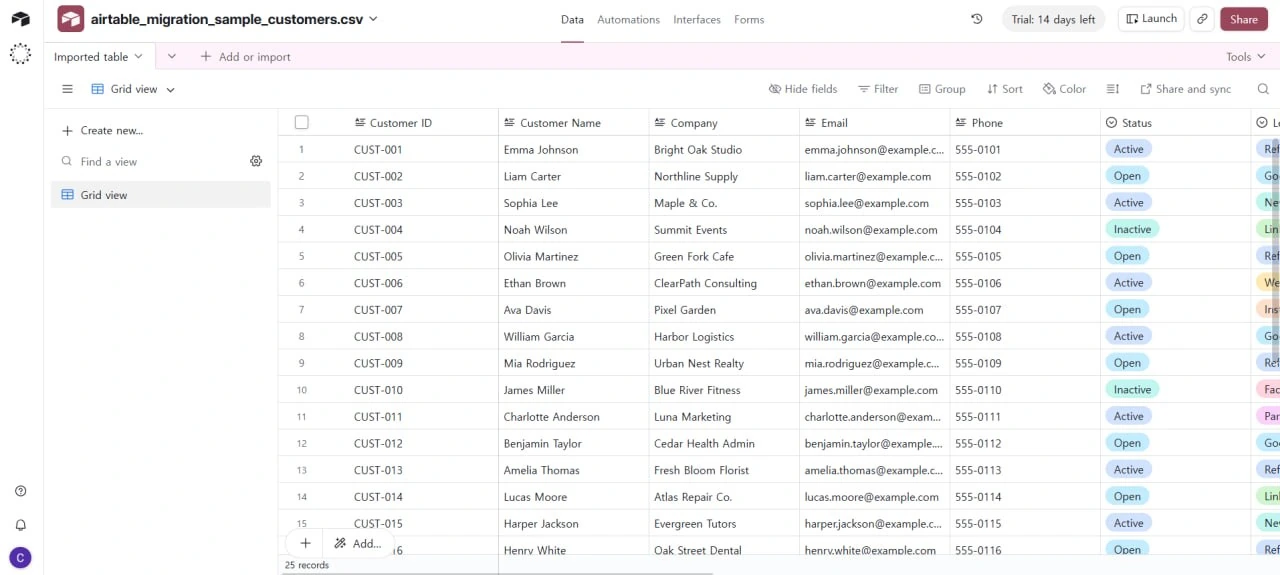 Airtable grid view displaying imported customer records after the CSV has been turned into a working base.