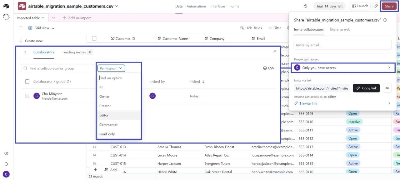 Airtable share and collaborator permissions panel showing how to invite teammates and assign access levels to a base.