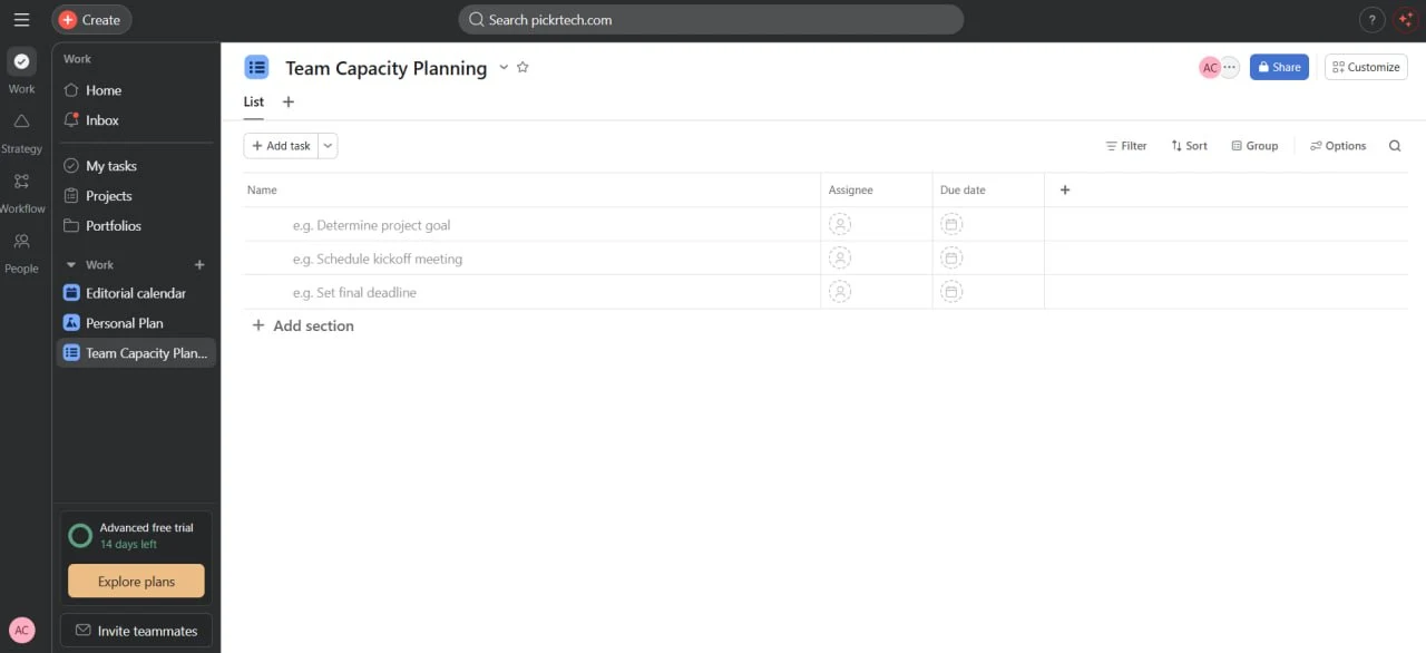 New Team Capacity Planning project in Asana List view with placeholder rows and default Assignee and Due date columns