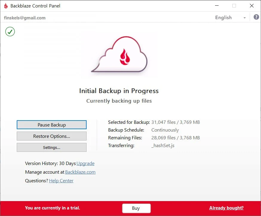 Backblaze shows Initial Backup in Progress after the client starts uploading files.