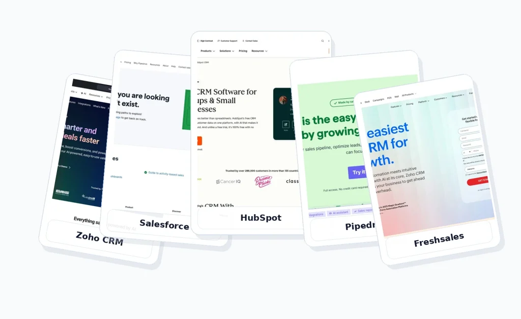 Layered comparison image showing HubSpot Zoho CRM Salesforce Pipedrive and Freshsales for small business CRM evaluation