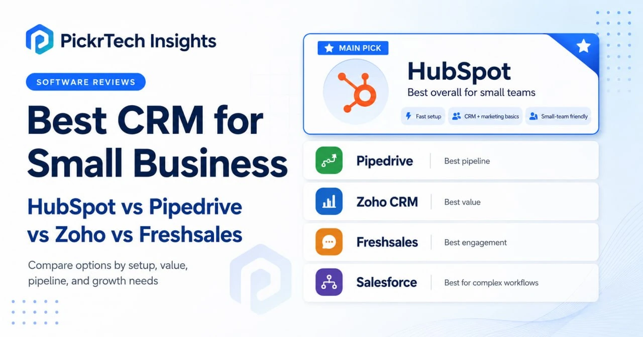 Best CRM for Small Business comparison hero showing HubSpot Zoho CRM Salesforce Pipedrive and Freshsales rankings