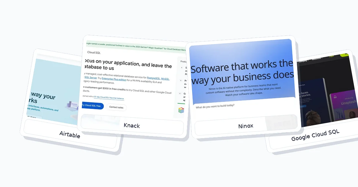 4 Top Database Software For Small Business comparison image showing Airtable Knack Ninox and Google Cloud SQL rankings